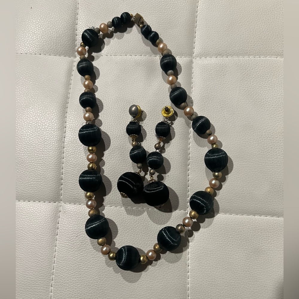Black Pearl Necklace and Earrings from the 1980’s from Spain.